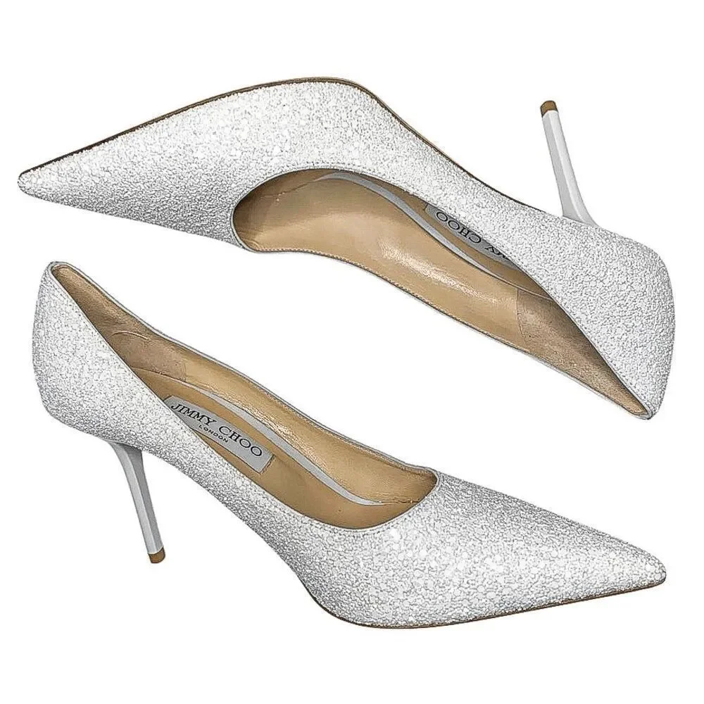 Jimmy Choo Love 85 White Coarse Glitter Heels EU 40.5 Slip On Wedding Pumps